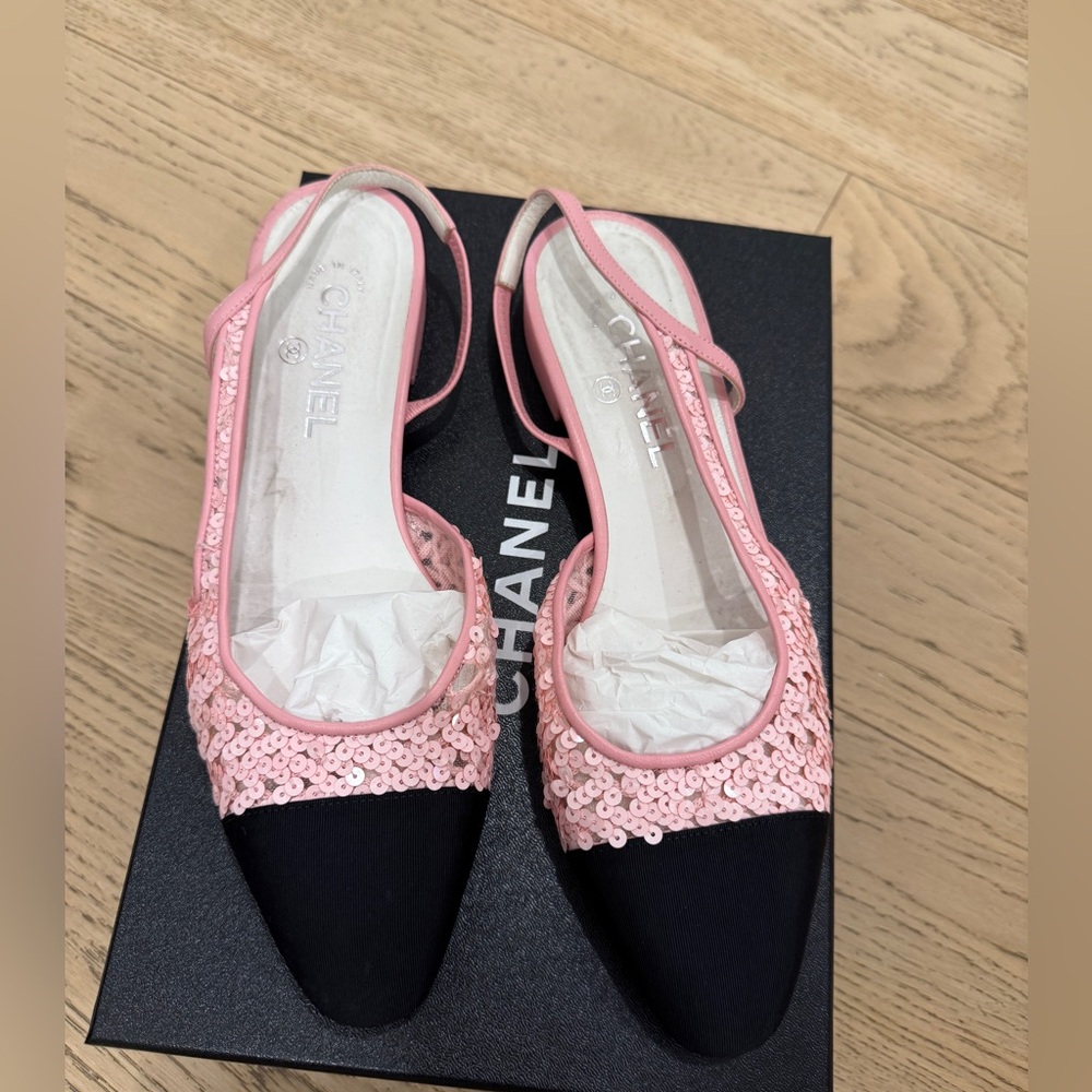 CHANEL Coco Sling Sequin Pink and Black Flats